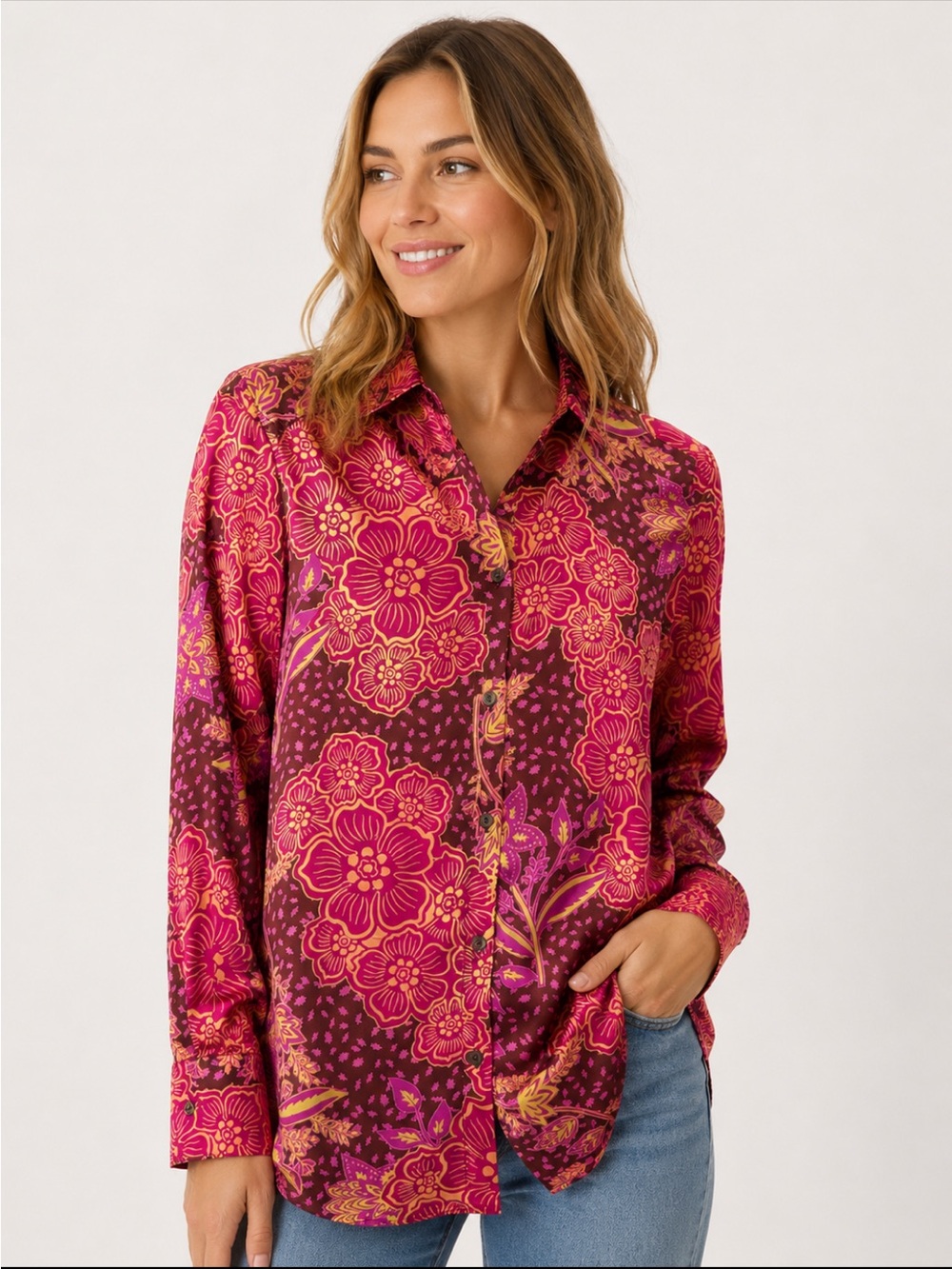 Alex & Lili Pink and Brown Floral Silk Button-Down Shirt